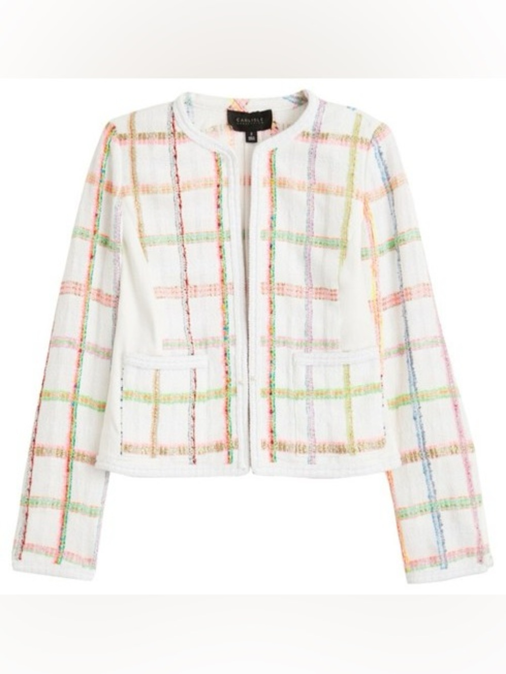 Carlisle Collection Poised White Multi-Color Tweed Jacket NWT Size 8 Neon Plaid